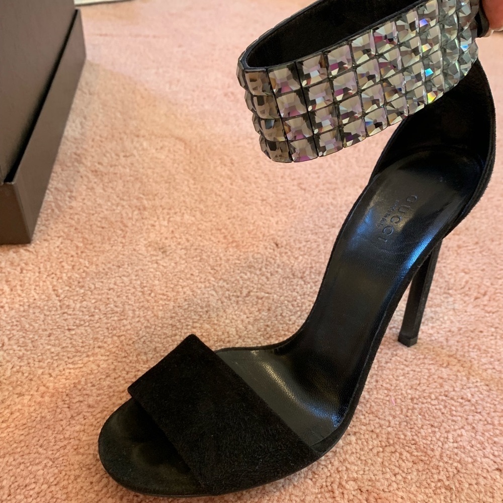 Gucci Rhinestone Black Sandal Heels Kid Scamosciato/Cristallo Size 39.5